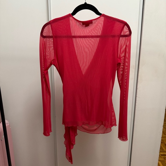 Red Mesh Sheer Wrap Blouse - Picture 3 of 4